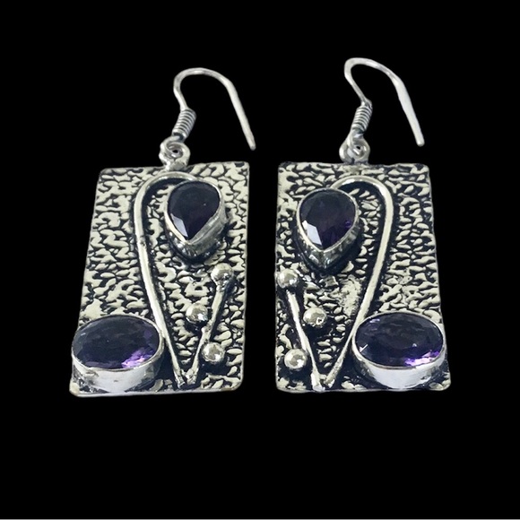 Purple Amethyst Gemstone Earrings Modern Art Nouveau Style Drop Dangle Pierce - Picture 2 of 4